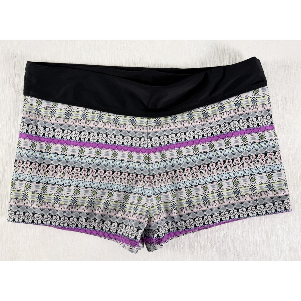 Tribal Print Spandex Swim Shorts Athletic Wear Women's Size M Black Purple Teal